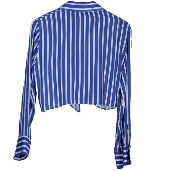 Zara Women's Size Medium Blue Striped Button-Up Blouse Cropped Shirt Collar Top - Picture 6 of 7